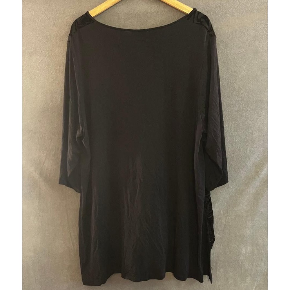 Catherine's Black Velvet Burnout Damask Fringe Tunic Top 2X 22/24W Dark Floral - Picture 3 of 5